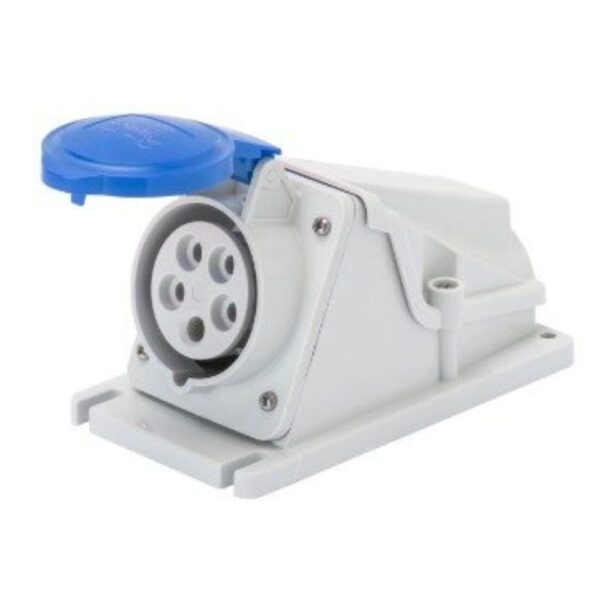 Blue Gewiss GW62488 32A 2P+E socket with 90° surface-mounting, IP44 protection, and screw terminals for industrial and fixed power installations.