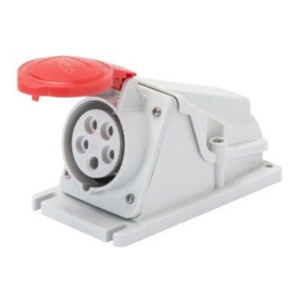 Red Gewiss GW62493 32A 5 pin industrial socket with 90° angled surface mount, IP44 protection, and screw wiring for secure three-phase power delivery.