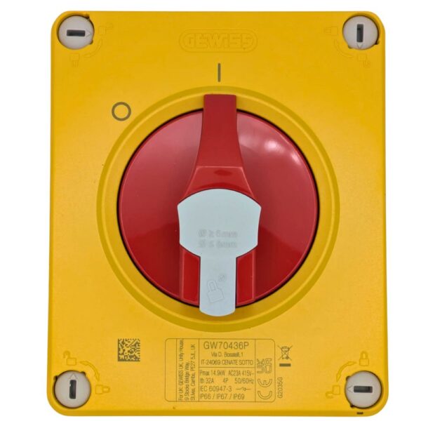 Front view of the Gewiss GW70436P 32A 4-pole rotary isolator switch with a red lockable emergency stop knob in a weather-resistant insulating enclosure.