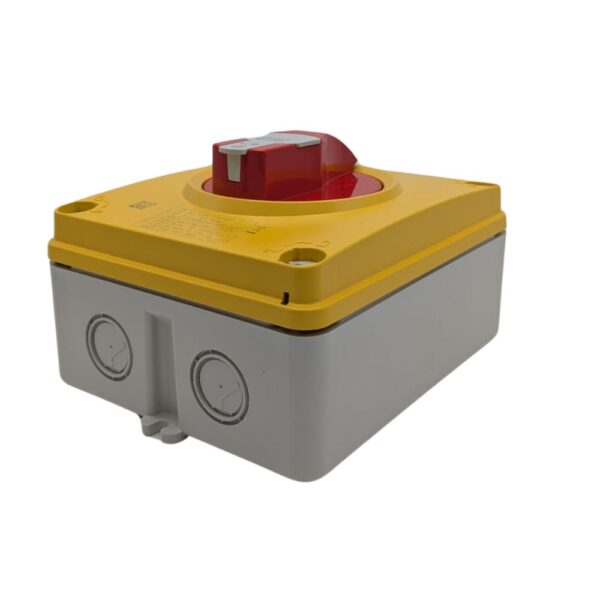 Front view of the Gewiss GW70436P 32A 4-pole rotary isolator switch with a red lockable emergency stop knob in a weather-resistant insulating enclosure.
