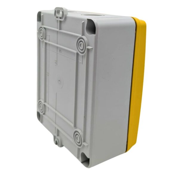 Front view of the Gewiss GW70436P 32A 4-pole rotary isolator switch with a red lockable emergency stop knob in a weather-resistant insulating enclosure.