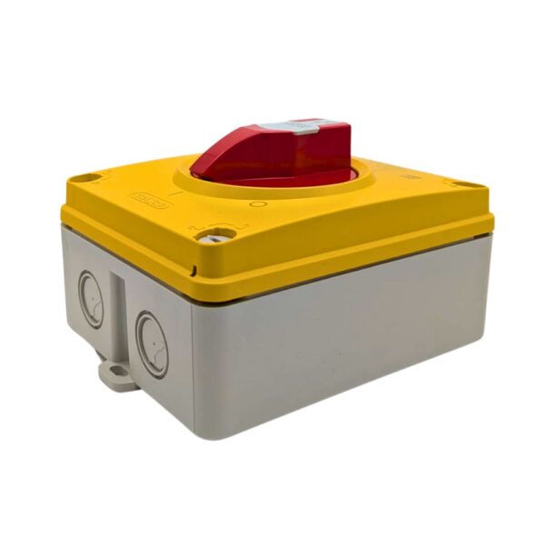 Front view of the Gewiss GW70436P 32A 4-pole rotary isolator switch with a red lockable emergency stop knob in a weather-resistant insulating enclosure.