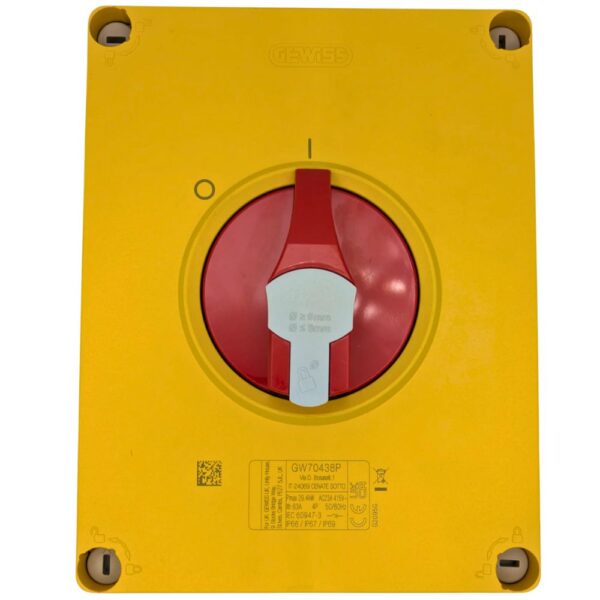 Gewiss GW70438P 63A Rotary Isolator Switch featuring 4 poles, a red lockable emergency stop knob, and IP66/IP67/IP69-rated enclosure for outdoor and industrial applications.