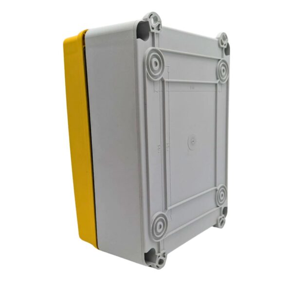 Gewiss GW70438P 63A Rotary Isolator Switch featuring 4 poles, a red lockable emergency stop knob, and IP66/IP67/IP69-rated enclosure for outdoor and industrial applications.