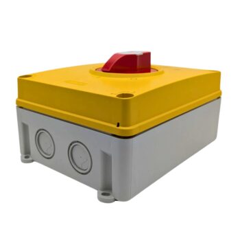 Gewiss GW70438P 63A Rotary Isolator Switch featuring 4 poles, a red lockable emergency stop knob, and IP66/IP67/IP69-rated enclosure for outdoor and industrial applications.