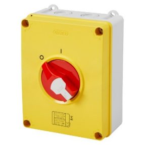 Gewiss GW70438P 63A Rotary Isolator Switch featuring 4 poles, a red lockable emergency stop knob, and IP66/IP67/IP69-rated enclosure for outdoor and industrial applications.
