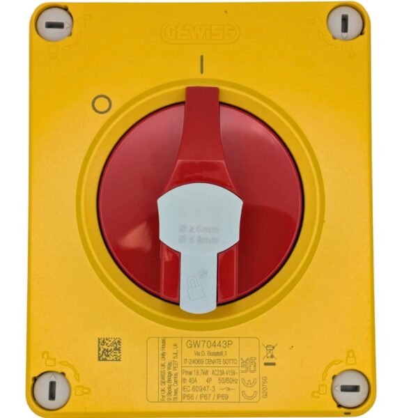Gewiss GW70443P 40A Rotary Isolator Switch with red emergency knob, IP66/IP67/IP69-rated enclosure, and lockable 4-pole safety design for industrial and outdoor use.