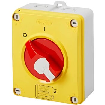 Gewiss GW70443P 40A Rotary Isolator Switch with red emergency knob, IP66/IP67/IP69-rated enclosure, and lockable 4-pole safety design for industrial and outdoor use.