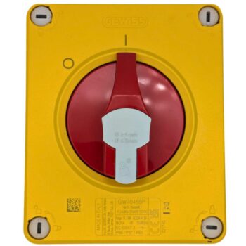 Gewiss GW70488P 25A Rotary Isolator Switch with red knob, 4-pole configuration, and IP66/IP67/IP69 protection for industrial and outdoor circuit isolation.