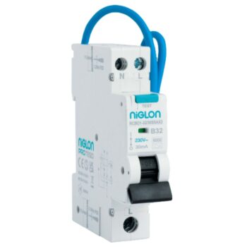 Niglon RCBO1-40/30SAX2 40A RCBO – Type A, Curve B, 30mA, Bi-Directional, 6kA, Compact RCBO for high-load circuits.