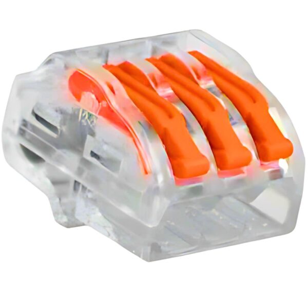 Unicrimp QL3322 32A Transparent 3-Port Lever Wire Connector with tool-free lever mechanism, tinned copper terminals, and fire-resistant polycarbonate body for secure electrical connections.