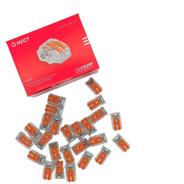 Unicrimp QL3322 32A Transparent 3-Port Lever Wire Connector with tool-free lever mechanism, tinned copper terminals, and fire-resistant polycarbonate body for secure electrical connections.