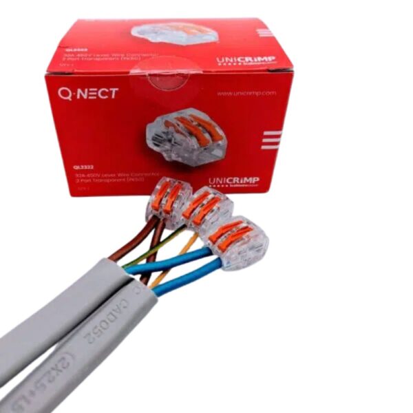 Unicrimp QL3322 32A Transparent 3-Port Lever Wire Connector with tool-free lever mechanism, tinned copper terminals, and fire-resistant polycarbonate body for secure electrical connections.