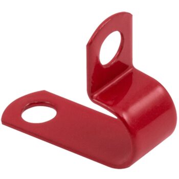 Unicrimp QPC30LSFR 7.5mm-7.9mm LSF P-Clips in red, made from Low-Smoke & Fume material for enhanced fire safety and secure cable management.