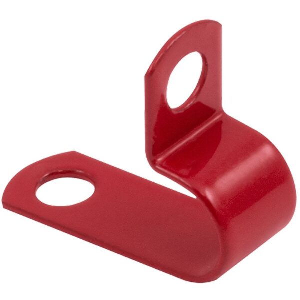 Unicrimp QPC30LSFR 7.5mm-7.9mm LSF P-Clips in red, made from Low-Smoke & Fume material for enhanced fire safety and secure cable management.