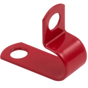 Unicrimp QPC30LSFR 7.5mm-7.9mm LSF P-Clips in red, made from Low-Smoke & Fume material for secure, fire-safe cable organization.