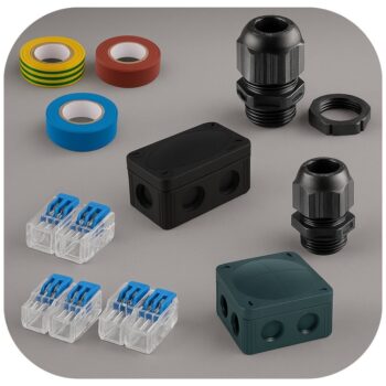 Wiska COMBI 308 and 206 junction boxes with 200 cable glands, IDEAL connectors, and Unicrimp tapes – bulk installation kit