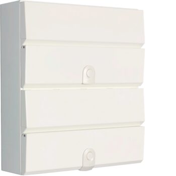 Hager VM11214SPD Dual Row Consumer Unit – 12+14 way circuit capacity with 100A isolator and integrated Type 2 SPD in a fire-resistant metal enclosure.