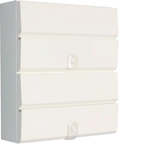 Hager VM11214SPD Dual Row Consumer Unit – 12+14 way circuit capacity with 100A isolator and integrated Type 2 SPD in a fire-resistant metal enclosure.