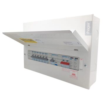 Hager VML112SPDRK consumer unit kit with built-in SPD, 6 RCBOs, 2-module EV RCBO, and meter tails gland