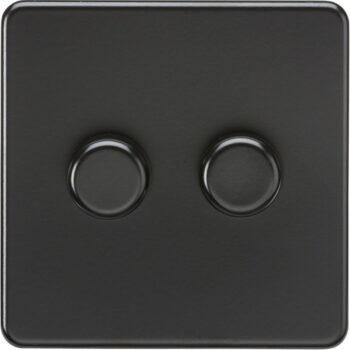 Knightsbridge SF2192MBB 2G 2-Way Intelligent Dimmer with matt black screwless faceplate, LED compatibility, and front-adjustable trailing/leading-edge modes.