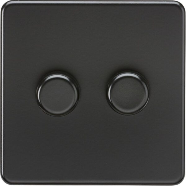 Knightsbridge SF2192MBB 2G 2-Way Intelligent Dimmer with matt black screwless faceplate, LED compatibility, and front-adjustable trailing/leading-edge modes.