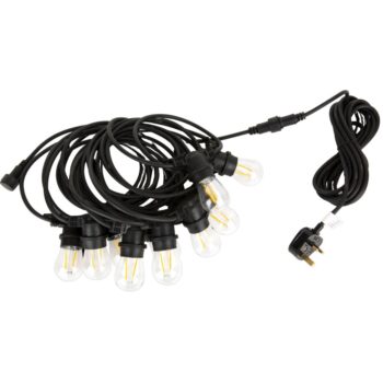 LST1 IP65 150W Outdoor Festoon Lights with 10 E27 holders, 12 warm white bulbs, and black plug-in string design.