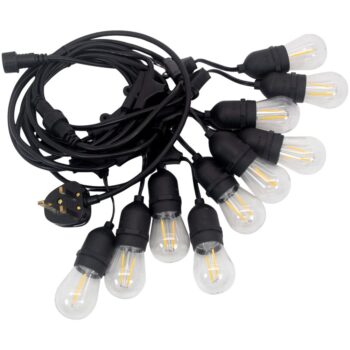 5m IP65-rated black outdoor string lights with warm white bulbs and E27 holders, connectable up to 5 sets.