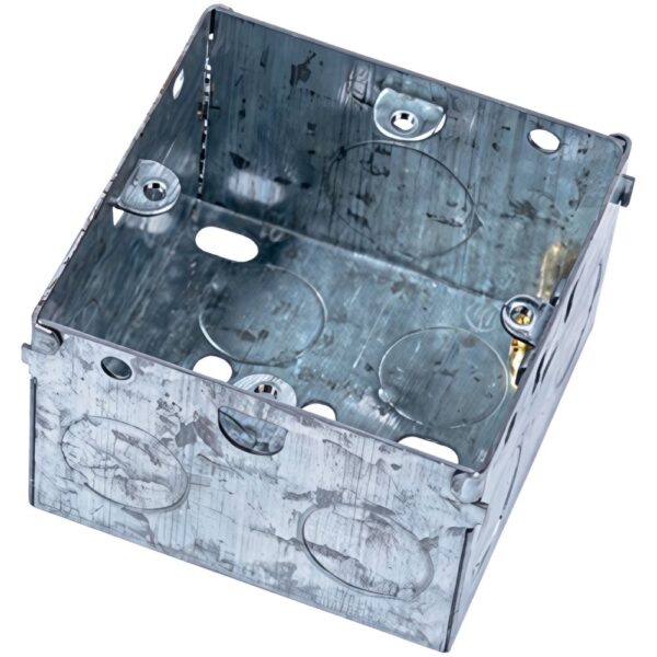Niglon CB2 1 Gang 47mm Metal Back Box with adjustable and fixed lugs, galvanised steel body, and BS EN60670 / BS 4662 compliance for secure mounting.