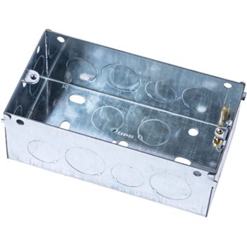 Niglon SB1 47mm 2 Gang Metal Back Box with one adjustable and one fixed lug, galvanised steel construction, and BS EN60670 / BS 4662 compliance.