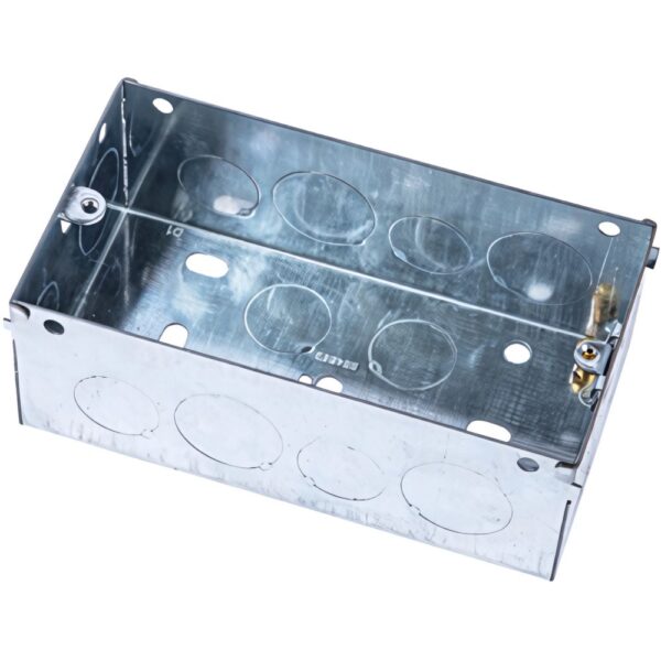 Niglon SB1 47mm 2 Gang Metal Back Box with one adjustable and one fixed lug, galvanised steel construction, and BS EN60670 / BS 4662 compliance.