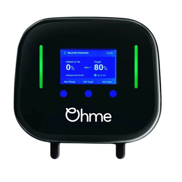Ohme Home Pro EV charger LCD screen showing live charge status