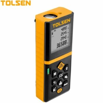 Tolsen 35176 Laser Distance Meter with backlit screen, rubber grip, ±2.0mm accuracy, and 60m measuring range, designed for site and home use.