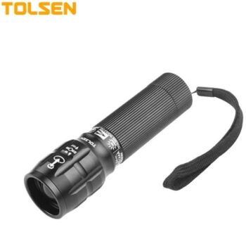 Tolsen 60033 Zoomable LED Flashlight with 3W CREE LED, 150 lumens, adjustable focus, aluminium body, and IP65 water/dust resistance.