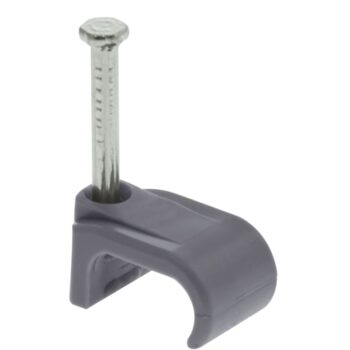 Unicrimp QFC6 Flat Cable Clips in grey, designed for 4–6mm² twin & earth cables, featuring hardened steel nails and tough plastic bodies for reliable cable management.