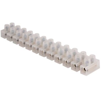 Unicrimp QTB15 Clear 15A Terminal Block Strip with 12 terminals, brass contacts, zinc-plated screws, and PE body for mid-range electrical circuits.