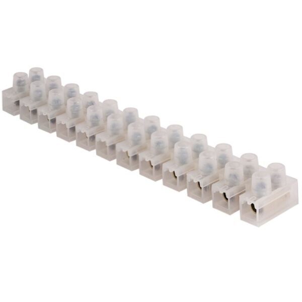 Unicrimp QTB60 60A 12-Way Terminal Block – Clear, heavy-duty terminal strip for high-current applications with easy visibility and cut-to-size flexibility.