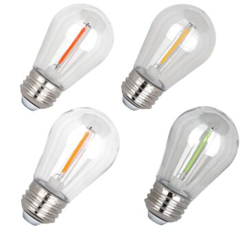 Coloured LED bulb set for LST1 and LST2 festoon lights – pack of 12 E27 bulbs in red, orange, yellow, and green.