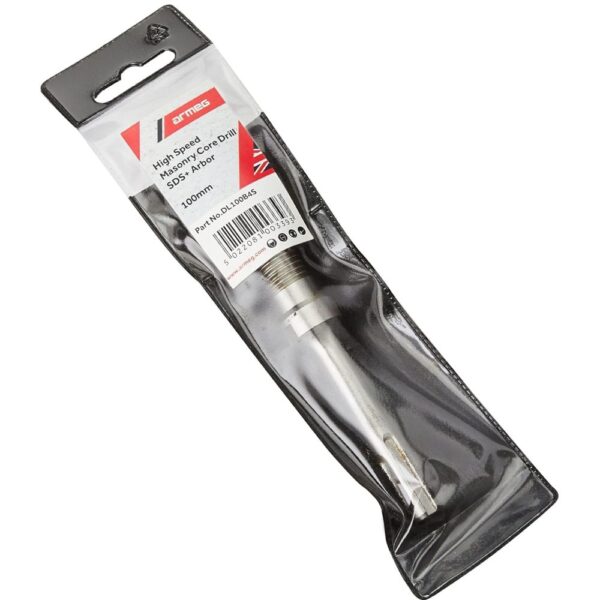 Armeg DL100B4S 100mm SDS Plus core drill arbor featuring ball-locking pilot system and precision-machined flats.