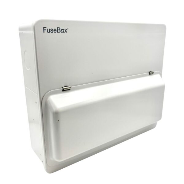 F3011MZ FuseBox consumer unit with lid fully closed, shown from front angle