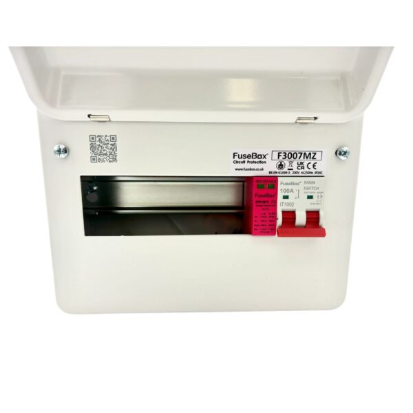 FuseBox F3007MZ consumer unit with lifted lid exposing main switch and pink SPD