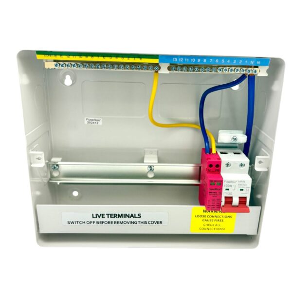 Front view of F3011MZ FuseBox consumer unit without lid, showing main switch and SPD inside