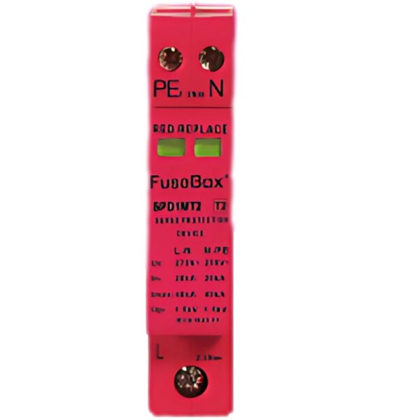 Close-up of FuseBox SPD1MT2 surge protection device – compact Type 2 SPD for direct mounting in residential or commercial distribution boards.