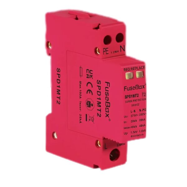FuseBox SPD1MT2 T2 single module surge protection device with DIN rail mount and busbar connection for 230V single-phase circuits.