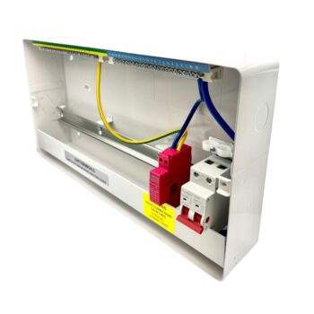 Angled view of the FuseBox F2021MX consumer unit with no front cover, showing internal layout