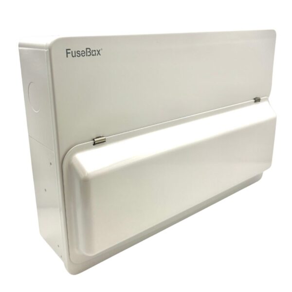 Angled view of the fully closed FuseBox F2021MX consumer unit showing sleek metal enclosure