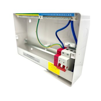 Angled view of the FuseBox F3015MZ consumer unit with front cover removed, showing internal layout