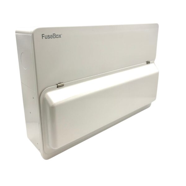 Angled view of the fully closed FuseBox F3015MZ consumer unit with lid in place