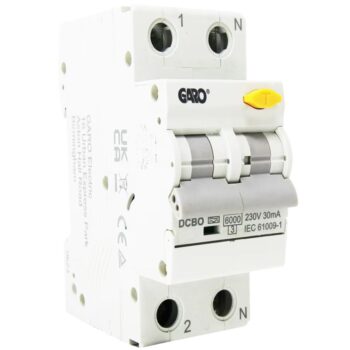 Garo DCBO2MC40 40A 2 Pole RCBO with 30mA RCD – Compact 2-module device with C curve tripping for overload, short-circuit,, making it ideal for 40A EV charger installations.