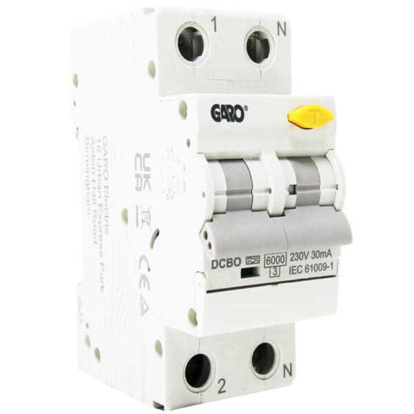 Garo DCBO2MC40 40A 2 Pole RCBO with 30mA RCD – Compact 2-module device with C curve tripping for overload, short-circuit,, making it ideal for 40A EV charger installations.